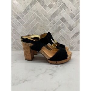 Coach Heels Womens 7 Valeann Cork Block Black Suede Round Open Toe High‎ Gold